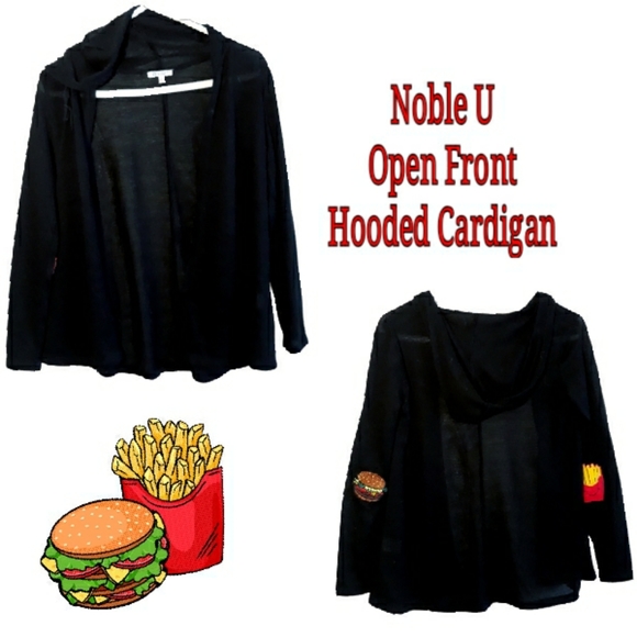 Noble U Black Hooded Cardigan with Emoji Burger + Fries Elbow Patches - Picture 1 of 7